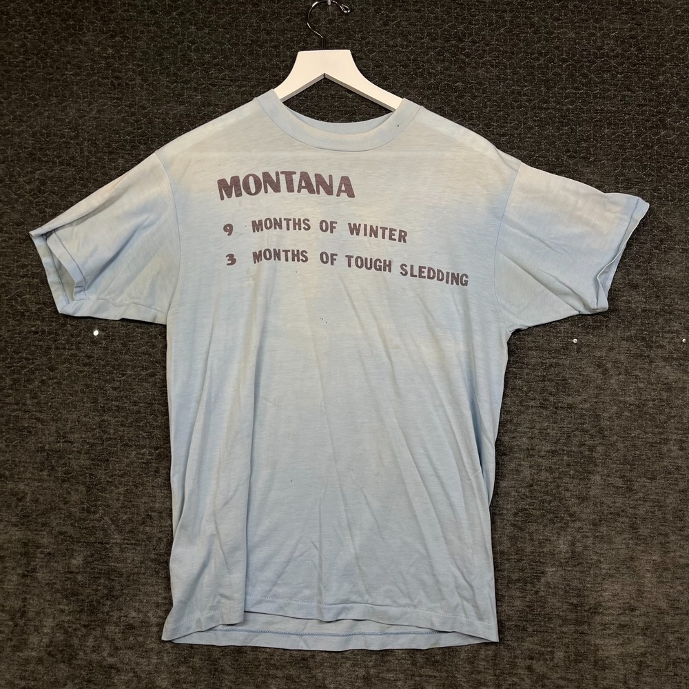 Hanes Graphic T-Shirt Men L Blue Good Vintage 80s Montana Single Stitch USA